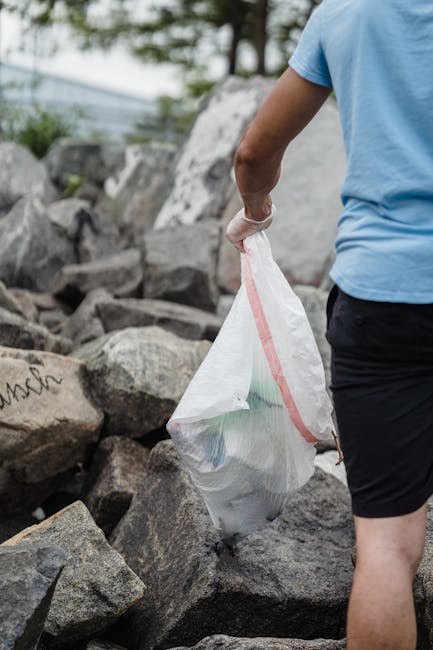A person dressed in a light blue T-shirt and dark shorts is holding a white plastic bag filled with various waste items. The bag is partially transparent, revealing mixed rubbish inside, including plastics and possibly packaging materials. The individual is standing on a rocky outdoor surface, with large, irregularly shaped stones surrounding them, some of which have graffiti or markings on them. In the background, there are trees and a partly cloudy sky, indicating an outdoor setting. The scene likely depicts an active waste clearance or rubbish removal activity in a natural or semi-urban environment, highlighting the importance of private waste handling and independent collection services that companies like Rubbish Removal Mayfair provide for efficient rubbish disposal and environmental care.